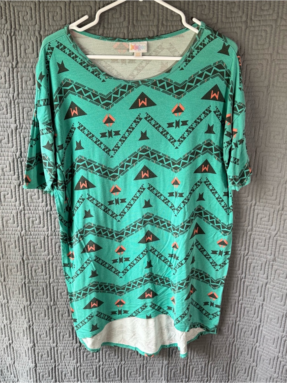 LuLaRoe Irma Tunic Top XXS Aqua Green Aztec Southwest Geometric High Low Shirt